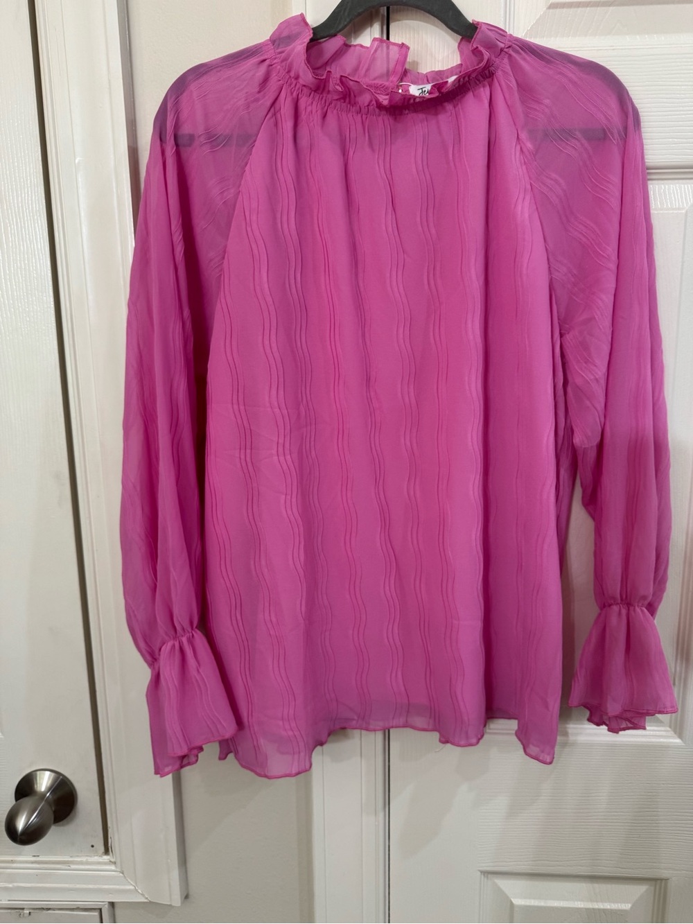 Sheer Ruffle-Neck Blouse in Magenta - Women Tops